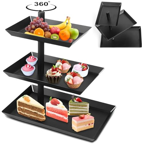 Obstkorb Etagere mit 3 Etagen, 360° Drehbares bstschale Metall Obstkörbe Brotkorb Schwarz für Dessert, Kuchen, Gebäck, Keks, Obst