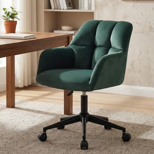 Ya-Home Silla Escritorio de Estudio de Terciopelo Girotoria Altura Ajustable en Casa, Silla de Oficina con Respaldo Medio y Rudas, Silla Trabajo para Hogar/Oficina,Verde