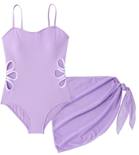 SEAUR Traje de baño para niña con falda de malla de una pieza, traje de baño de una pieza, diseño floral, traje de baño para niños de 7 a 16 años