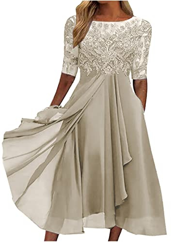 Vestidos de cóctel para mujer, elegante vestido floral de encaje con malla, manga media con vuelo, línea A, midi, con falda corta interior, vestido de fiesta de gasa con volantes y abertura frontal