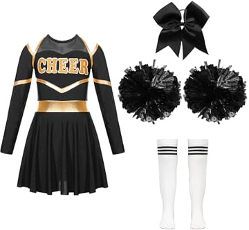 Riismen Traje De Animadora para Niñas Vestido De Baño Manga Larga con Pompones Disfraz Halloween Carnaval Uniforme Cheerleading Un Blanco y Negro 13-14 años
