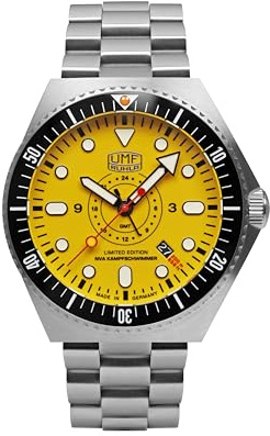 UMF RUHLA Kampfschwimmer Automatik GMT - Limitierte Herrenarmbanduhr (499 Stück) - Gelbes Zifferblatt - Saphirglas - Edelstahlgehäuse - Keramiklünette - Ø 46mm - Made in Germany