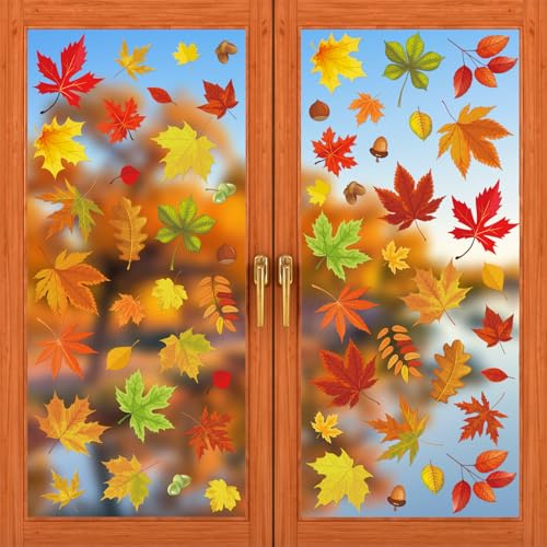 Zindoo Window Stickers Autumn 6 Sheets - Pack of 60 Window Stickers without Glue, Double-Sided & Reusable - Autumn Decoration for Windows, Children's Room, Thanksgiving, Cafe & Party