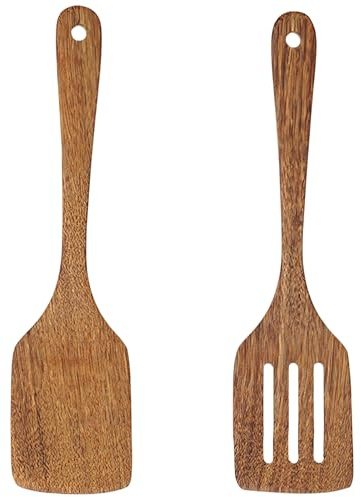 2-Piece Cooking Spoon Set, Natural Wood, 30 x 7.5 cm, Three-Line Shovel & Japanese Spatula, Robust Kitchen Utensils Wood for Everyday Use
