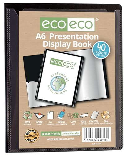 eco-eco A6 Size 50 Percent Recycled 40 Pocket Black Presentation Display Book, Storage Case Portfolio Art Folder with Plastic Sleeves, eco200