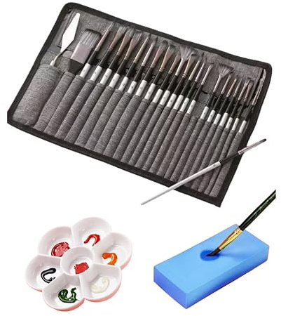 ZGZJHZ 24 Stück Acrylpinsel Set, Ölmalerei Pinselset für Acrylfarben, Ölfarben, Gouache Farben Set & Aquarellpinsel, mit 45-Loch Pinselhalter, Mischpalette & 2 Schwämmen (Silbergrau)
