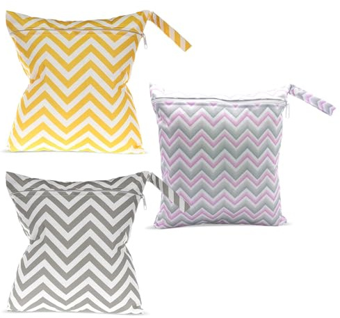 Luxvara 3 Borsa Pannolini Impermeabile con Zip | Wet Bag per Pannolini Lavabili & Scuola Materna | 3 Disegni (Onde Colorate/Gialle/Grigie) | Sacchetto Asciutto/Bagnato per Neonato, Viaggio, Piscina