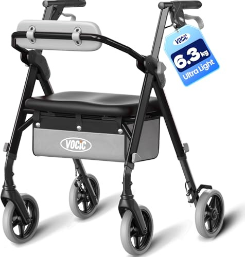 VOCIC Z12 Ultra Lightweight Rollator Walker with Seat, Only 6.3kg Aluminum Foldable Walker with Ergo Seat & Backrest, All Terrain Rollator for Senior, Adjustable Height, 5 Year Support(Black)