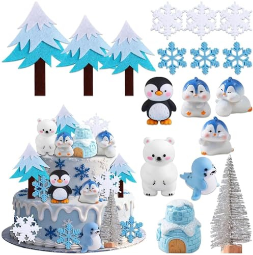16 piezas pingüino decoración de pastel de pingüino decoración de fiesta de pingüino piezas lindas decoración de pastel de copos de nieve accesorios de invierno fiesta de cumpleaños infantil