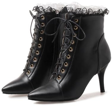 Botines de tacón alto con cordones para mujer, elegantes, decoración de encaje, cremallera lateral, puntera puntiaguda, zapatos de invierno de moda, Black, 36 EU