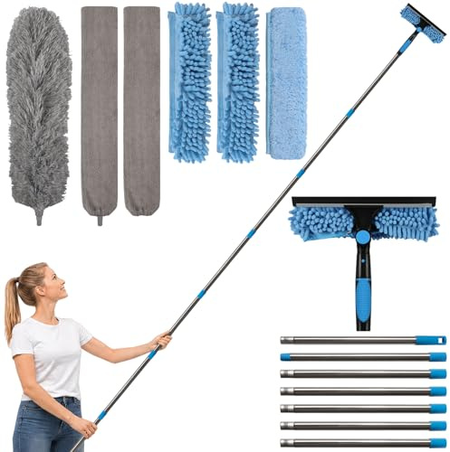 marysgift 2,9 M Teleskop Fensterwischer Abzieher Set, Staubwedel Teleskop,2 in 1 Teleskopstange Fensterreinigung für Bad, Fenster, Glas, Spiegel, Auto,Staubwedel Lang Ausziehbar für hohe Decken (Blau)