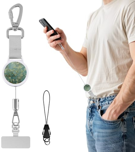 MoKo cuerda para movil retráctil antirrobo, Blanco&Albaricoque | cordón para movil con cable resistente y anclaje metálico giratorio 360°
