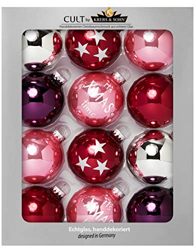 Krebs & Sohn Heitmann Deco 12er Set Glas Christbaumkugeln-Weihnachtsbaum Deko zum Aufhängen-Weihnachtskugeln 8 cm-Rot Rosa Silber, (8cm Ø Durchmesser)