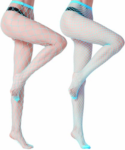 MengPa Women's Fishnets Tights High Waist Stockings Party Thigh High Pantyhose 2Pcs (Blue-(L&XL Gride)) 2446
