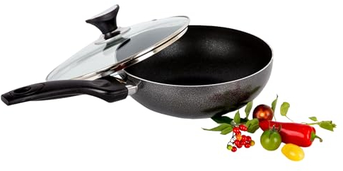 AM Home and Kitchen Wok a induzione, antiaderente, con coperchio, 28 cm, profonda, grande, piano cottura a induzione, perfetto per wok e padella, Kadai