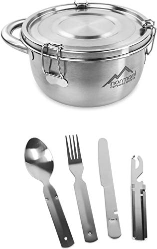 normani Campingbesteck Set Essgeschirrset aus Edelstahl für 1 Person - Foodcontainer Edelstahlschale + BW Besteck mt Flaschen- und Dosenöffner