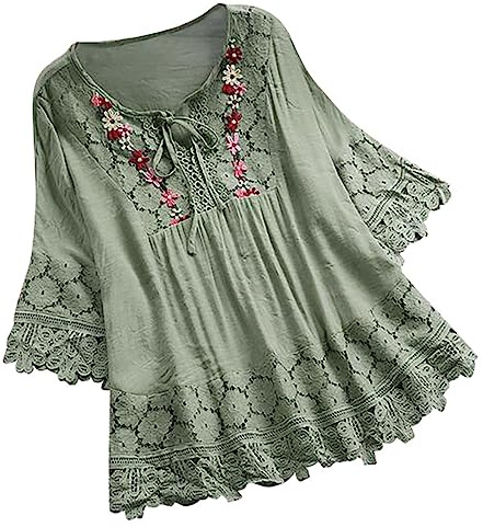 WINDEHAO Blusa de lino y algodón para mujer, tallas grandes, tallas S-5XL, elegantes camisas de encaje con flores bordadas, blusas con cordones huecos