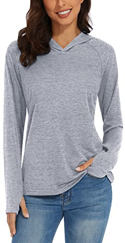 TACVASEN Wandershirt Damen Leichter Langarm mit Kapuze UV Bluse mit Daumenlöcher Jogging Shirts Fitness Hellgrau L