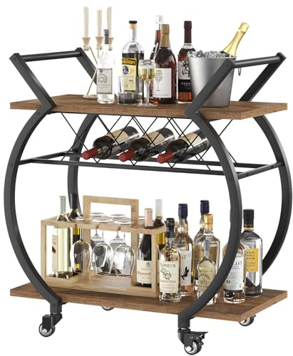 LVB Chariot Bar pour Cuisine, Chariot à Boissons roulettes, Bois/Métal, Étagère, Style Rustique, Marron