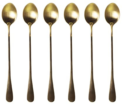 Juego de cucharas de café Nordique Latte Macchiato de 6 piezas, acero inoxidable, cucharas largas de café, cucharas doradas, 19,5 cm