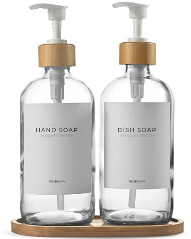 MaisoNovo Dispenser di sapone da bagno Set da 2 pezzi - Dispenser di sapone per le mani da 500 ml - Bottiglie di bambù trasparenti - Pompa in acciaio inossidabile con vassoio di bambù