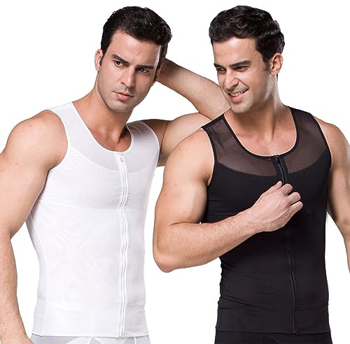 Moollyfox 2 x men's vests, shapewear, workout tank tops, body shaper, sports, stomach slimming shirt, undershirt, fine rib body shape compression shirt, muscle shirt, slimming, Black+white, XL