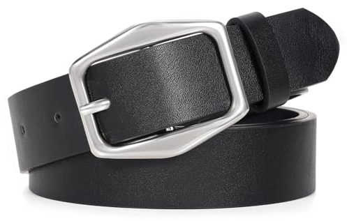 JasGood Damen Ledergürtel Modischer Leder Gürtel für Damen Stilvoll Damengürtel mit Silberner Schnalle für Jeans Kleider Hosen,Schwarz,120cm