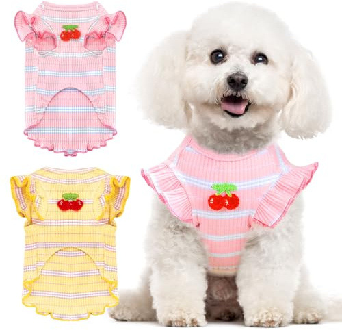 XGDMEIL 2 Pack Striped Small Dog T Shirt Cute Cherry Girl Dog Clothes for Small Dogs Cats Breathable Soft Cotton Pet Puppy Sleeveless Vest Spring Summer Pet Outfits（Pink+Yellow,Medium）