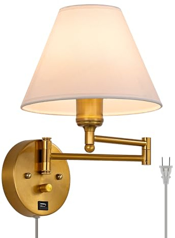 Swing Arm Wall Sconces, Plug-in Wall lamp,Bedroom Wall lamp ， White Fabric Shade，，with dimmable Switch and USB Charging Port, Suitable for Bedside, Living Room, Reading (Golden)