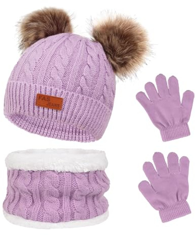 Waylipun Kids Winter Warm Beanie Hat Scarf Gloves Set, 3 in 1 Thicken Fleece Thermal Girls Skull Cap Scarf Mittens Set Super Soft Cap Neck Warm Gloves for 1~5 Years Old Toddler Girls Boys (Purple)