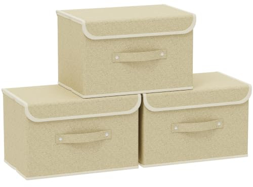 ENUMAIL 3 Pezzi Scatola per Armadio Dell'abbigliamento Pieghevoli con Coperchi, Cubo di Stoccaggio in Tessuto con Manici, per Vestiti da Letto a Casa, Ufficio, Scuola, 38×25×25cm, Grigio Beige