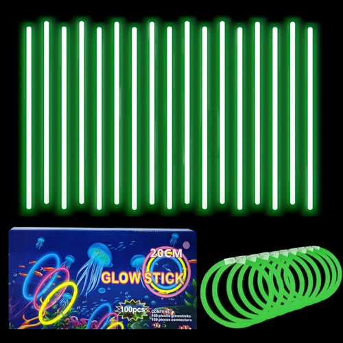 100 Barras Luminosas, Pulseras Fluorescentes y 100 Conectores, Neon Kits para Crear Collares Accesorios, Verde Varillas Brillantes para, Fiesta, Nochevieja, Navidad, Boda, Cumpleaños, Halloween