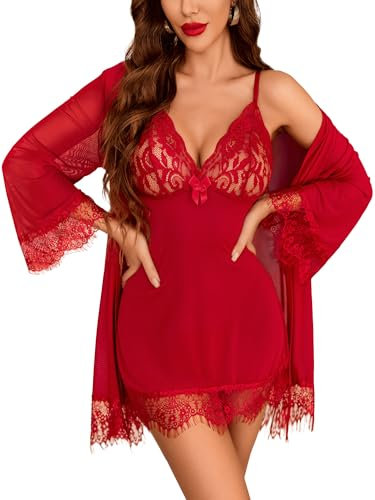 Avidlove Damen Dessous Set 3-Teilig Sexy Spitze Unterwäsche Set mit Slip Nachthemd Lingerie Morgenmantel Negligee Kimono Reizwäsche Babydoll und Höschen Rot XXL
