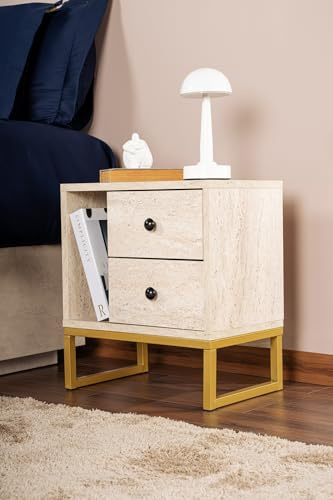 Nightstand, Travertine, Gold, 50 x 18 x 5 | Made from 100% Melamine Coated Particle Board, Thickness:18 mm | Perfect for Modern Home Office & Study Spaces, Elegant and Functional Design