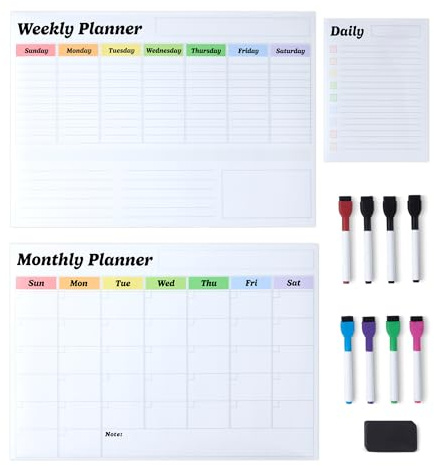 Amazon Basics 3er-Pack magnetisches Whiteboard-Set mit abwischbarer Oberfläche für den Kühlschrank, zur Wandorganisation, als Monats-, Wochen- und Tagesplaner, inklusive 8 Stiften und 1 Radiergummi