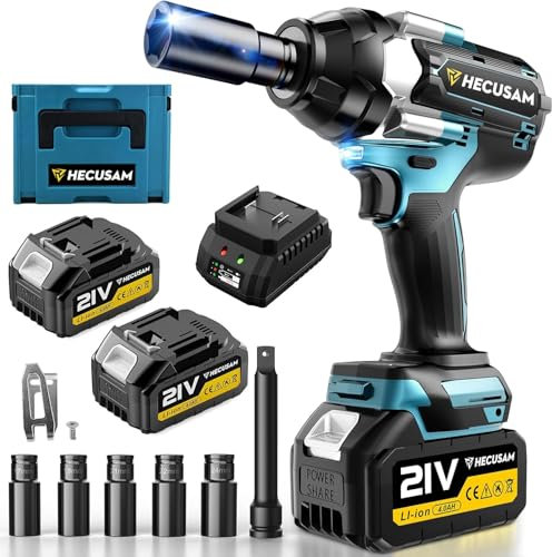 HECUSAM Avvitatore A Impulsi Senza Filo, 1000 Nm Di Coppia Massima, Chiave A Percussione 1/2 Con Due Batterie Da 4000mah, 5 bussole, Caricatore Rapido, Auto Familiare/Pickup
