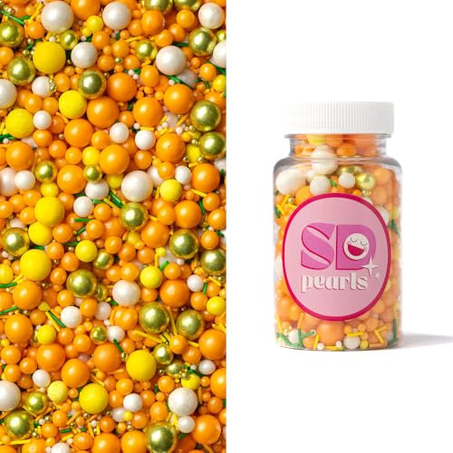 SD Pearls Streuselmix – Essbare Zuckerstreusel & Perlen in Gelb, Orange & Gold für Kuchen, Muffins & Cupcakes – Beliebt für Kindergeburtstag, Sommerparty & Herbstdekoration (Mix „Mandarine“, 100g)
