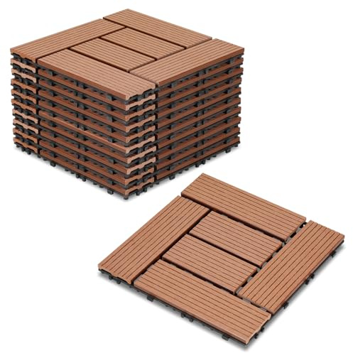 Cecaylie Lot de 11 dalles de terrasse WPC - Marron - 30 x 30 cm - 1 m² - Idéal pour l'extérieur - Pour balcon, jardin, terrasse, revêtement de sol - Installation simple, rapide et pratique
