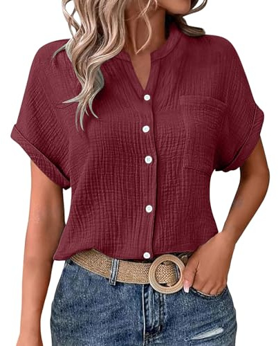 Camisetas de lino para mujer del Reino Unido, verano 2025, camisetas de manga corta con botones, cuello en V, blusas sueltas, tops tipo túnica holgados, ropa de oficina casual para mujer, Vino, XL