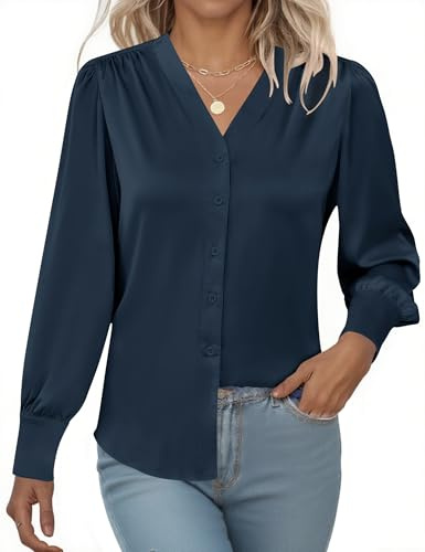 Rapbin Long Sleeve Satin Blouses for Women UK Elegant Loose V Neck Work Office Daily Fashion 2026 Tops Shirt Navy Blue