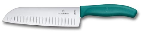 Victorinox Swiss Classic Santoku, Couteau de type asiatique, Lame extra-tranchante, Taille en forme de bulbe, 17 cm, Acier inoxydable, Blister, Vert