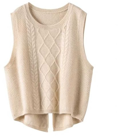 Sweater Vest Women Sleeveless Jumper Crew Neck Knitted Waistcoats Ladies Loose Knitwear Tops (UK, Alpha, M, Regular, Regular, Beige)