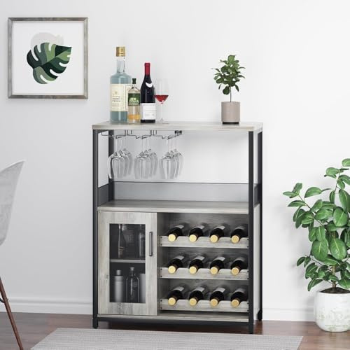 Wine Bar Cabinet, Industrial Wine Rack Cabinet with Holder, 3-Tier Rustic Bar Cabinet with Storage Door, Adjustable Shelves & Feet, Metal Frame Wine Storage Sideboard for Living Room Kitchen, Brown