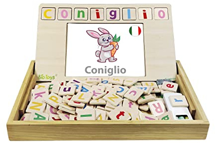 Lexibook, Bio Toys, Scuola di parole, bilingue italiano/inglese, gioco in legno, 50 carte parola, alfabeto, gioco educativo, EDU100i5