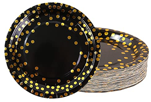 AHPYEUHK 50 PCS Assiette Jetable Anniversaire pour 2025 nouvelle année 17,8cm Assiettes en Carton Papier Party Vaisselle Jetable pour Decoration BBQ Party Fête Mariages Camping (Noir et or)