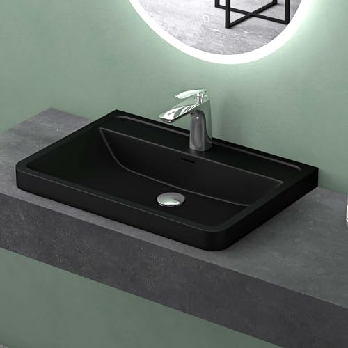 Mai & Mai Waschbecken Einbauwaschbecken 90cm Rechteckige Waschschale aus Mineralguss matt Schwarz mit Überlauf Colossum08