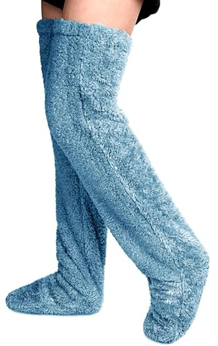 YODITI Calze Sopra Il Ginocchio Di Peluche: Calze Da Donna Con Polsini Teddy, Scaldamuscoli Invernali Per Dormire - Calze Invernali Da Donna Alte Fino Al Ginocchio Per Dormire In Casa (Blu)