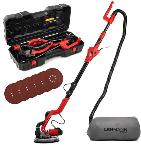 LEHMANN lijadora para paredes y techos con LED y mango telescópico | Lijadora con sistema de aspiración de 1800 vatios | Plato de lijado con cierre de velcro Ø 225 mm | Incluye 6 discos