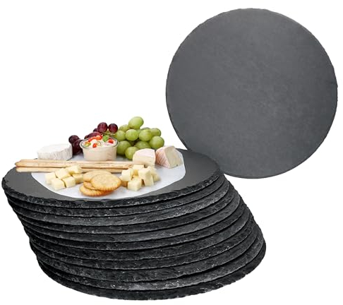 MamboCat Lot de 12 plateaux ronds en ardoise I Ø 30 cm I Plateau de service noir I Plateau à sushi avec bord cassé rustique I Idéal pour la pizza ou comme plateau à fromage, à saucisses ou à apéritif