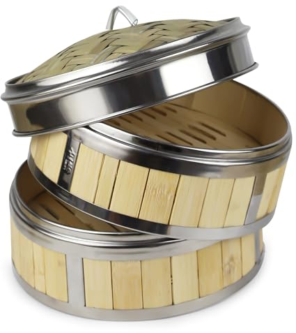 WENLISELL Vaporera de bambú de 20 cm, cesta de bambú de 2 niveles con tapa, anillos de metal de 20 cm, vaporizadores para bollos bao, dim sum, carne, pescado